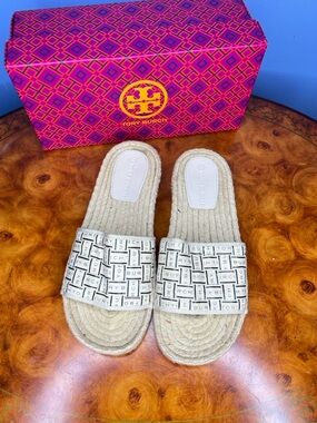 Tory Burch Cream and Black Logo Espadrille Slide Sandals